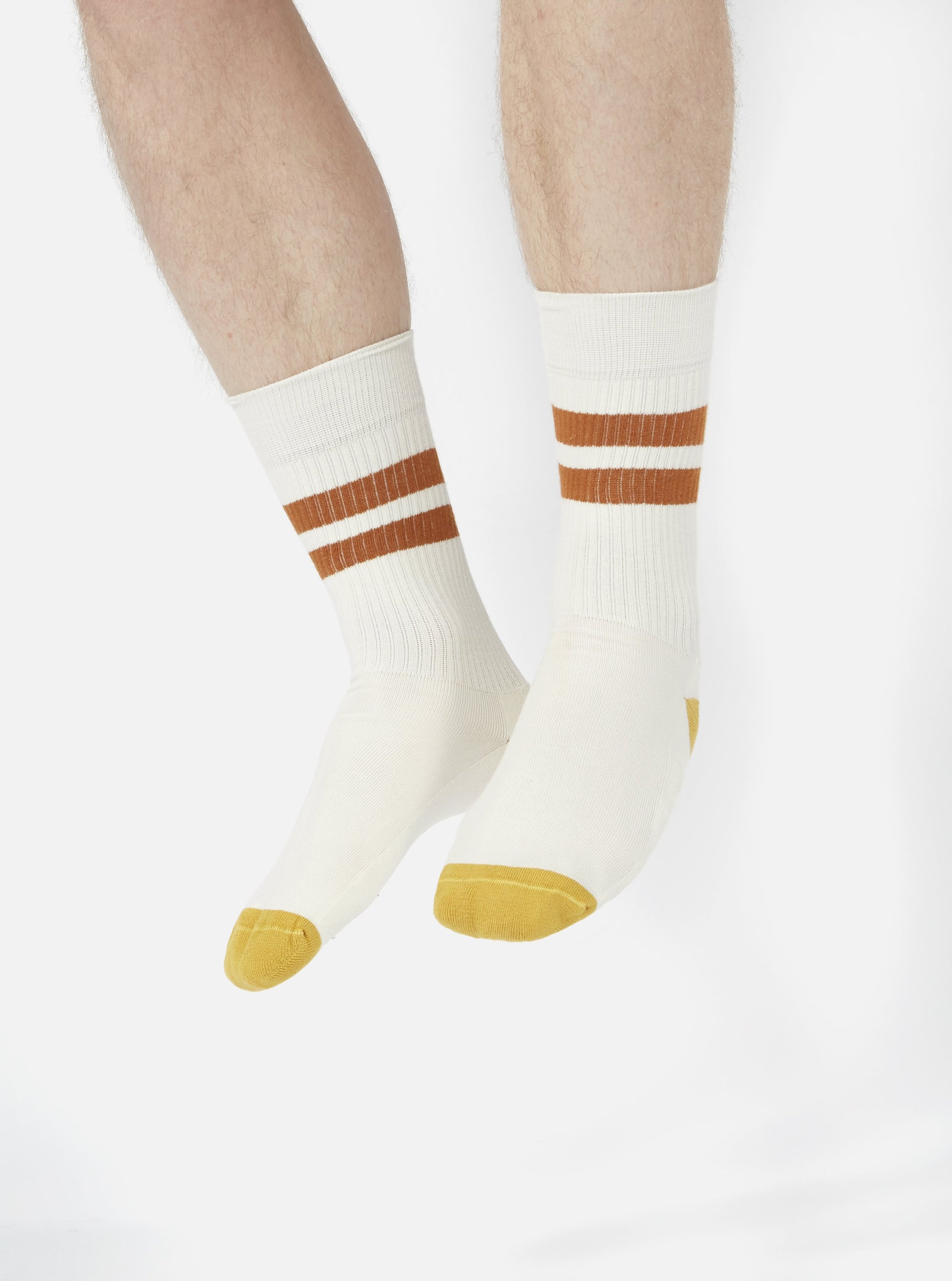 Legs wearing Ecru/Orange Cotton Rib Sport Sock on a white background. The socks are ribbed and have orange stripes and toes.