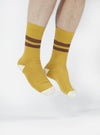 A model wearing Yellow/Raisin Cotton Rib Sport Sock on a white background. The socks are yellow with raisin stripes and white toes.