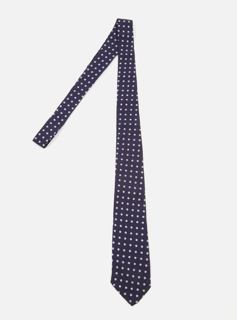 Close-up of a Navy Dot Print Tie on a white background. The tie is navy with white dots.