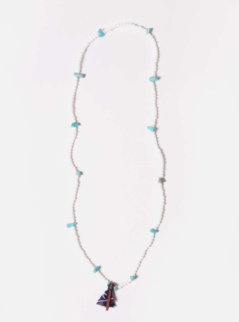 Hanami of Rome Bandana Necklace/Bracelet No.30 on a white background. Features white beads, turquoise stones, and a bandana charm. Can be worn as a necklace or bracelet.